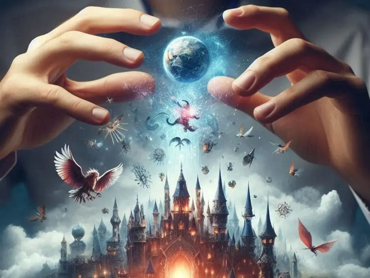 Dłonie tworzą świat z zamkami i latającymi stworzeniami, ilustrując zasady tworzenia systemów religijnych w światach fantasy.