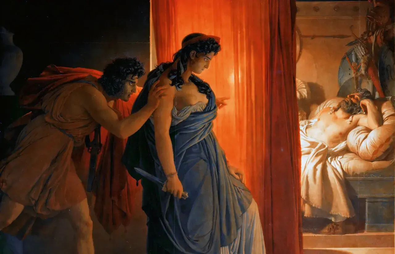 Judith z mieczem i Holofernes śpiący. Obraz ukazuje przyczyny dekonstrukcji mitu bohatera w literaturze postmodernistycznej, gdzie słabość i zdrada zastępują siłę.