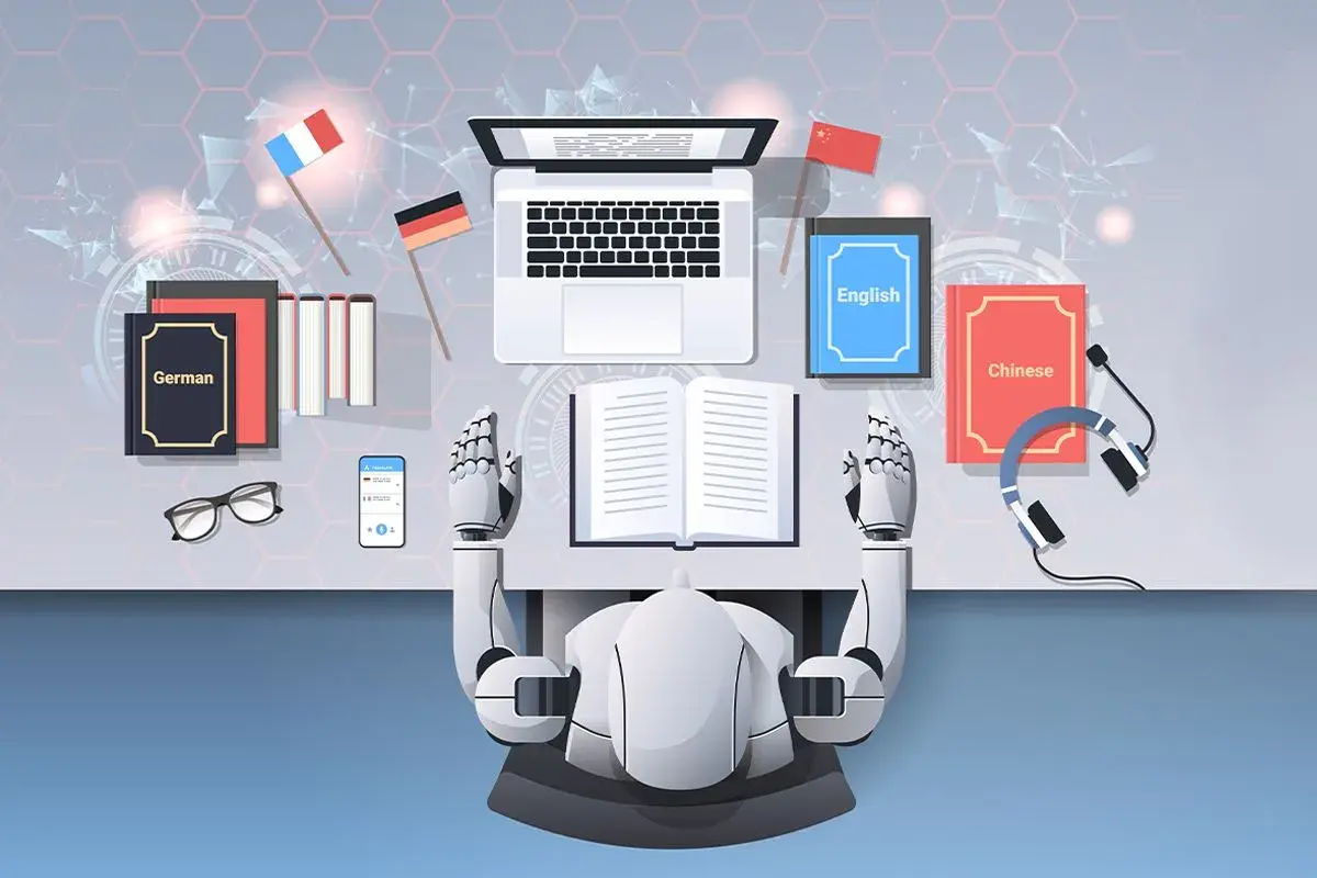 Robot z rękami nad otwartą książką, symbolizujący skutki wprowadzenia sztucznej inteligencji do korekty i tłumaczeń literackich. Obok flagi Francji, Niemiec, Chin, książki i słuchawki.