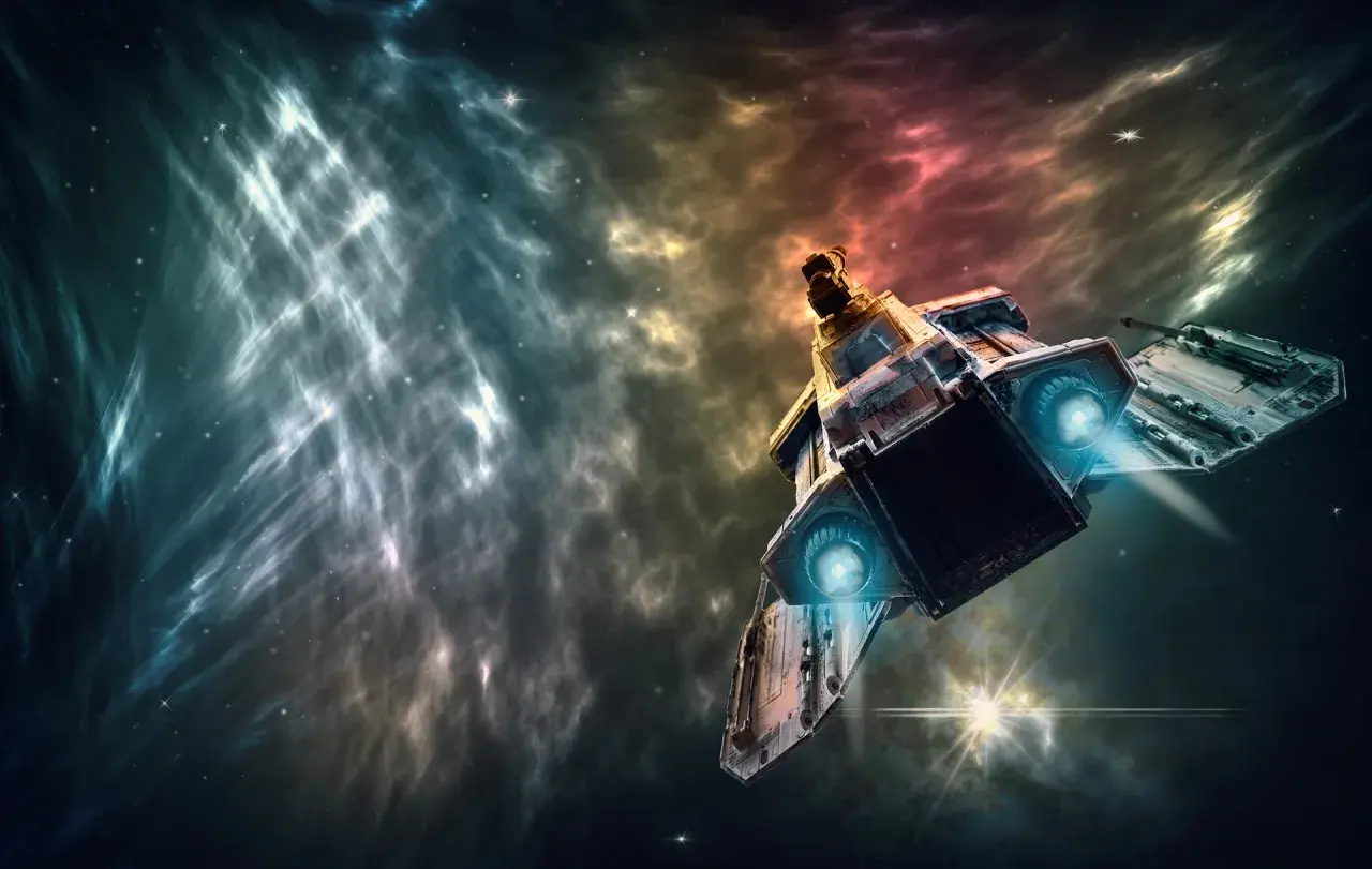 Statek kosmiczny w mgławicy. Obrazek dla początkujących fanów, wyjaśniający różnicę między hard sci-fi a space operą.