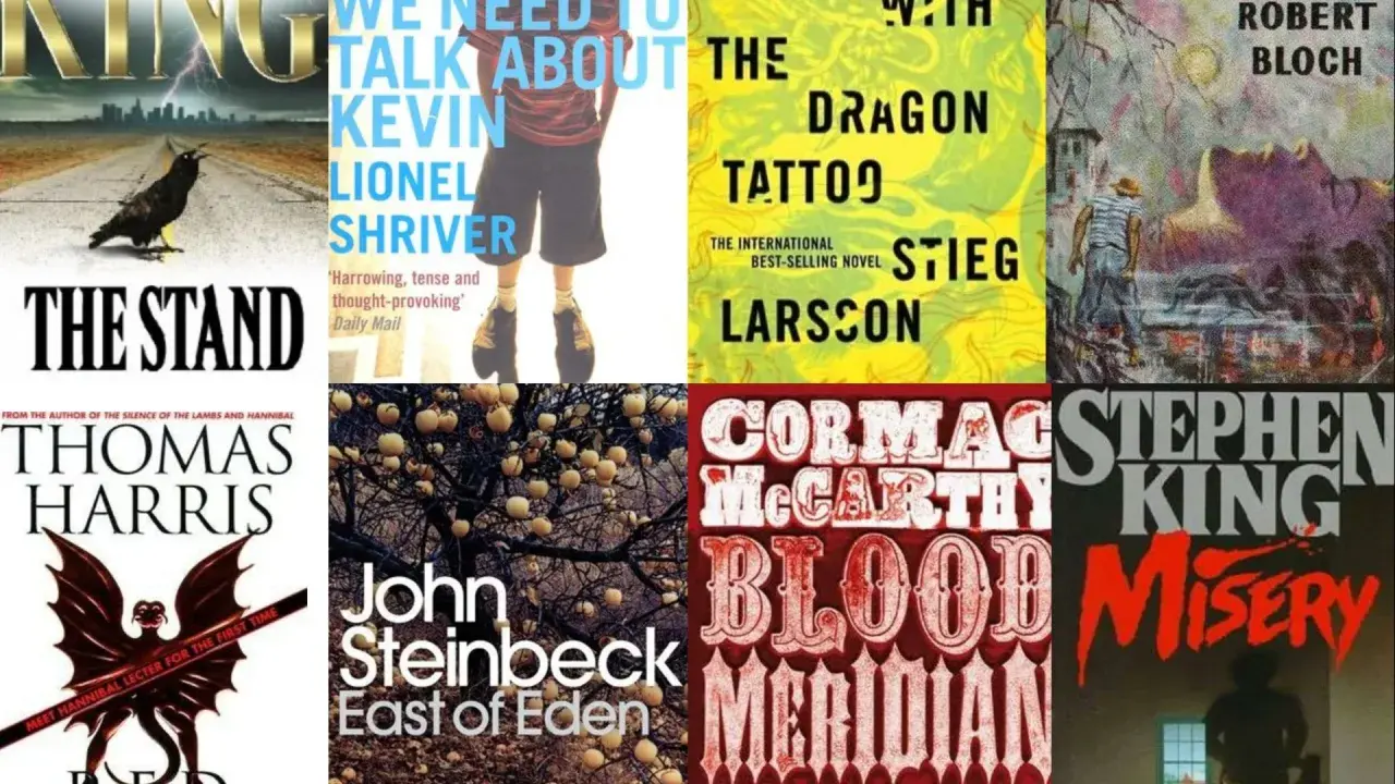 Okładki książek: "The Stand", "We Need to Talk About Kevin", "The Dragon Tattoo", "Psycho", "Hannibal", "East of Eden", "Blood Meridian", "Misery".