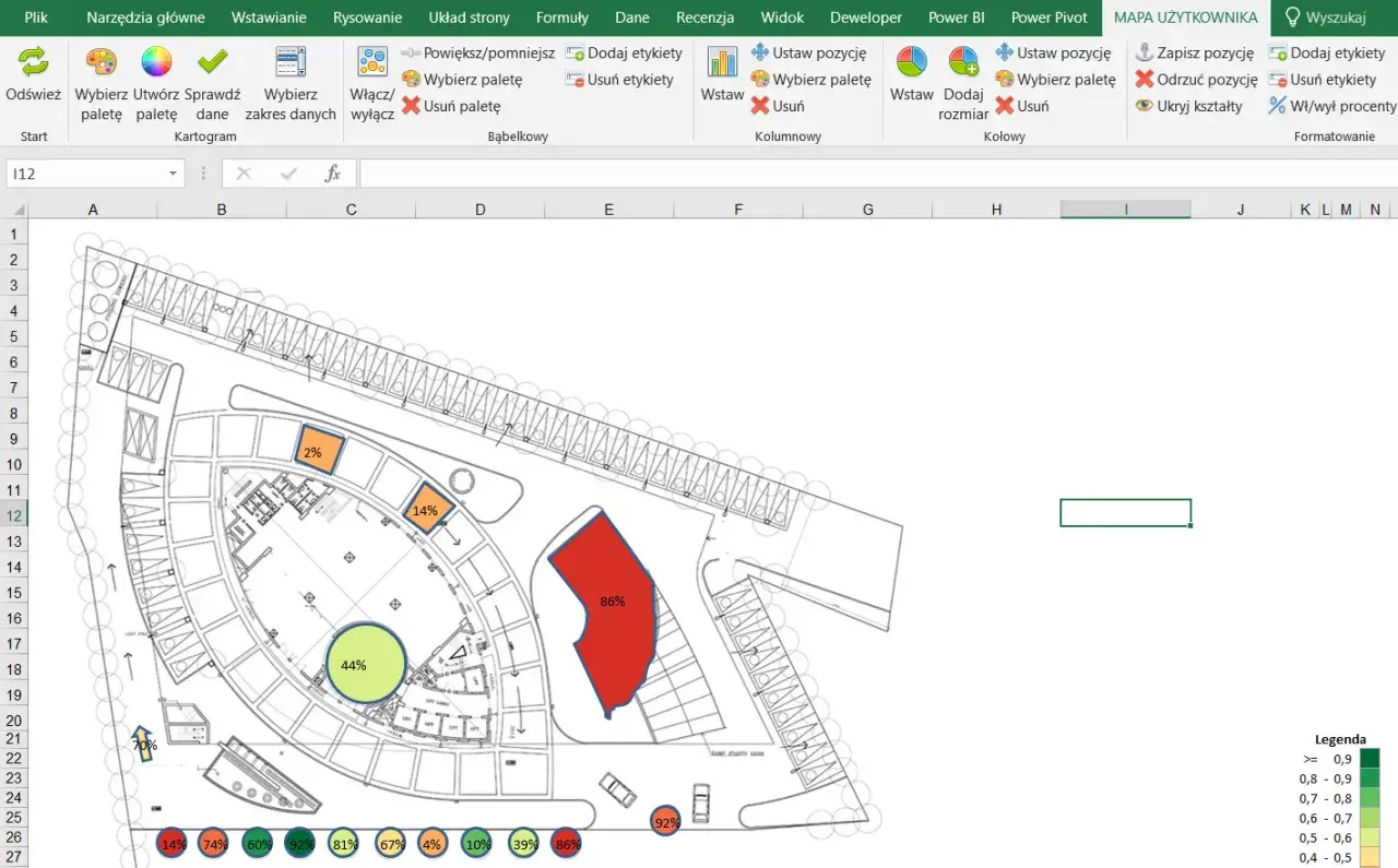 Mapa drogowa w Excelu wizualizuje objawy "dziur fabularnych" na planie architektonicznym, pokazując procentowe wartości w różnych obszarach.