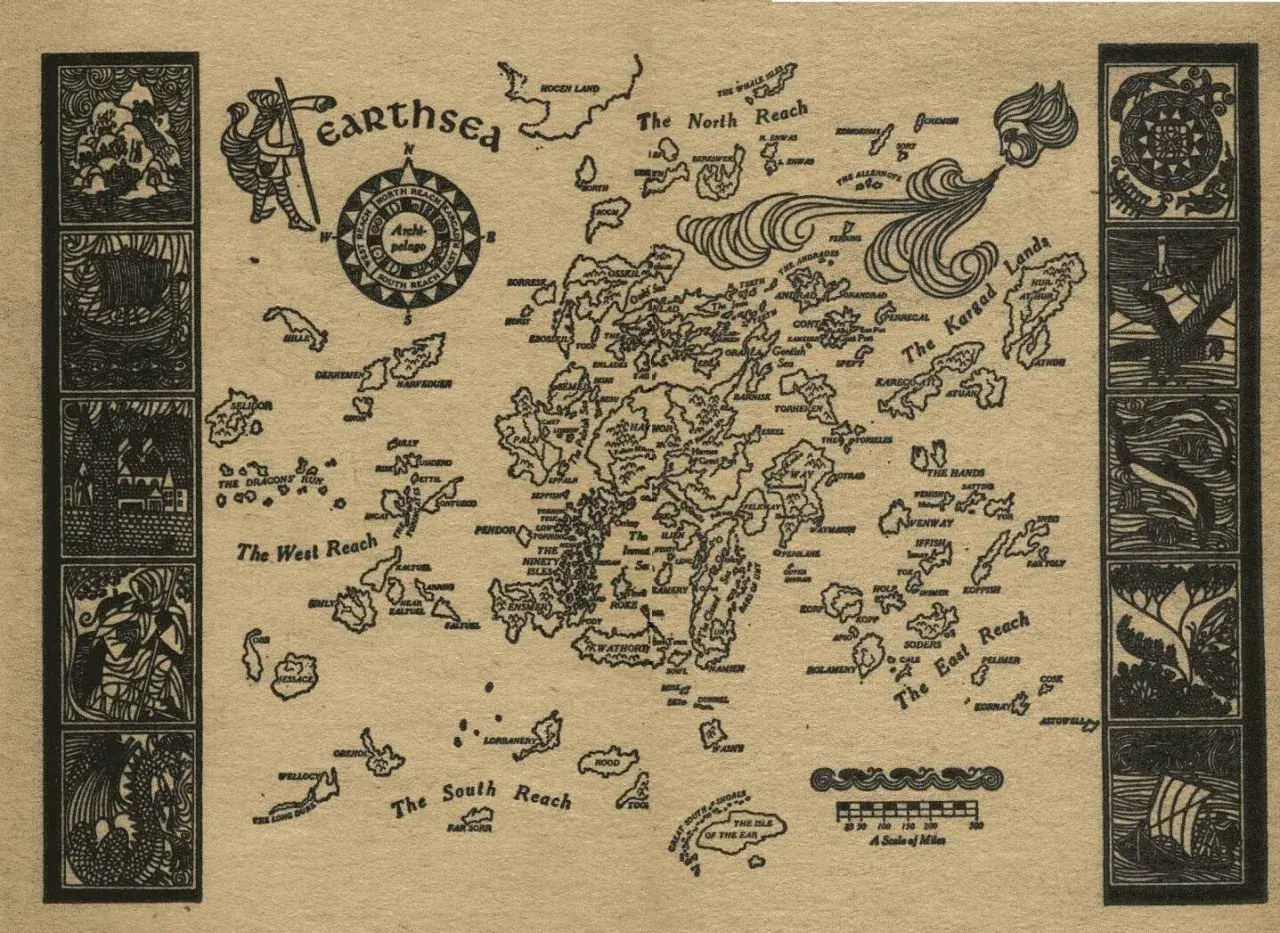 Najciekawsze mapy w literaturze: od Śródziemia po Westeros i ich funkcje. Mapa Archipelagu Ziemi Morza, z podziałem na Zasięg Północny, Południowy, Wschodni i Zachodni, z zaznaczonymi wyspami i morzami.