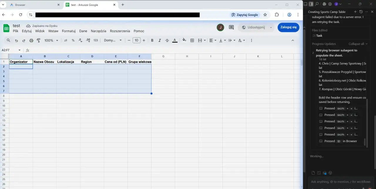 Pusta tabela w Arkuszach Google z nagłówkami: Organizator, Nazwa Obozu, Lokalizacja, Region, Cena od (PLN), Grupa wiekowa.