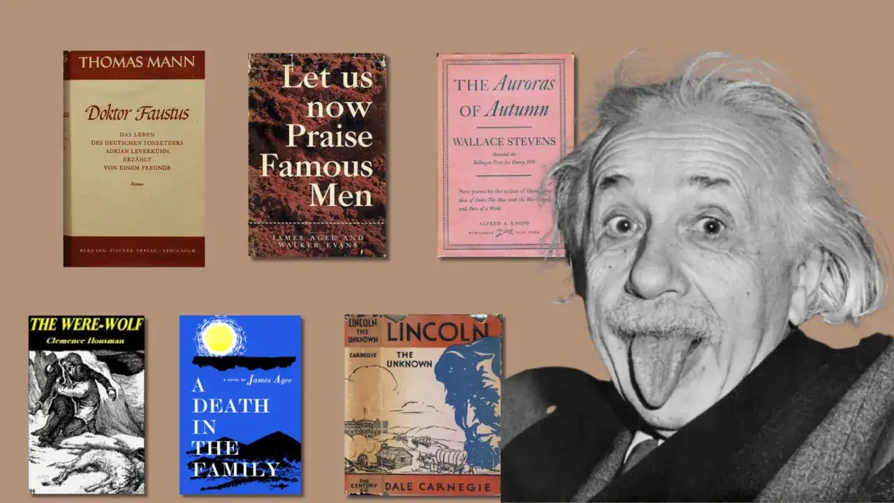Książki i Einstein z wywalonym językiem. Ilustracja pokazuje objawy słabego researchu w powieściach osadzonych w realnych miejscach.