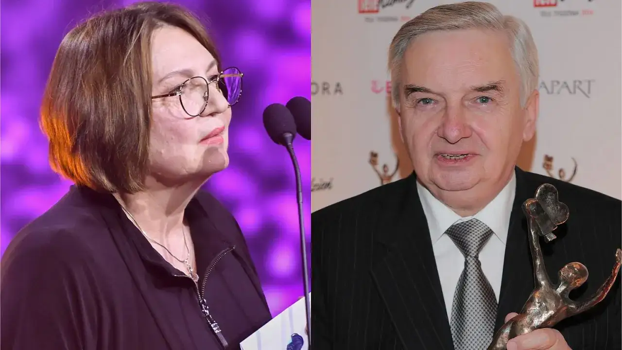 Kobieta w okularach i mężczyzna w garniturze trzymający statuetkę.
