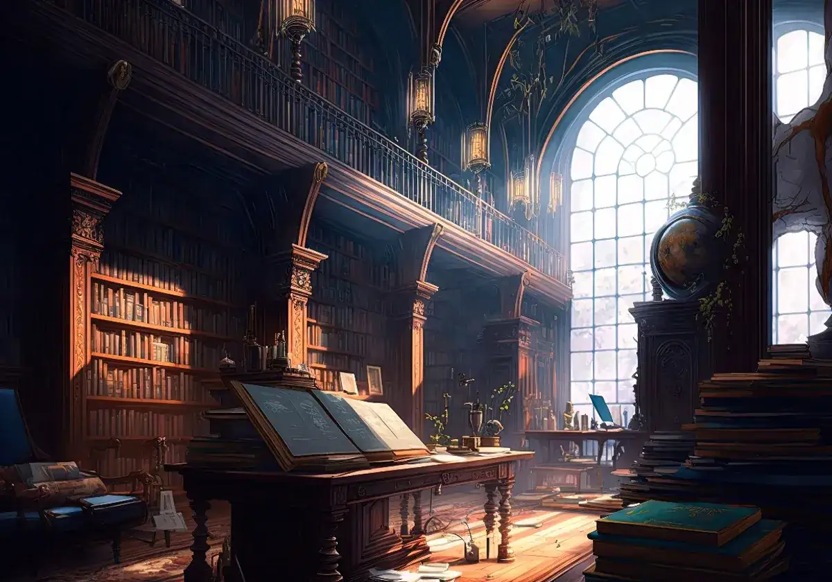Mroczna biblioteka, pełna książek i tajemnic, odzwierciedla przyczyny popularności dark academia w literaturze młodzieżowej.