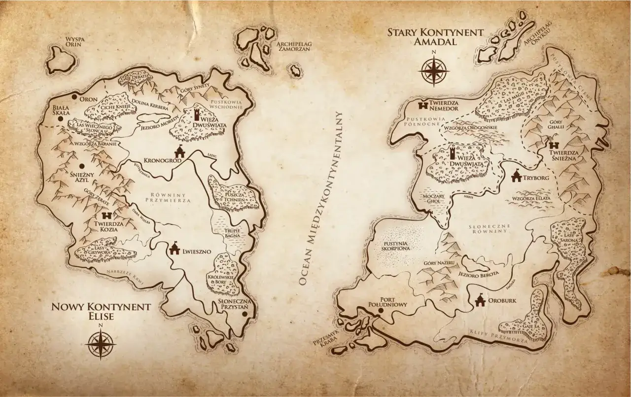 Mapa świata fantasy, idealna do tworzenia mitologii założycielskiej dla fikcyjnego narodu w książce.
