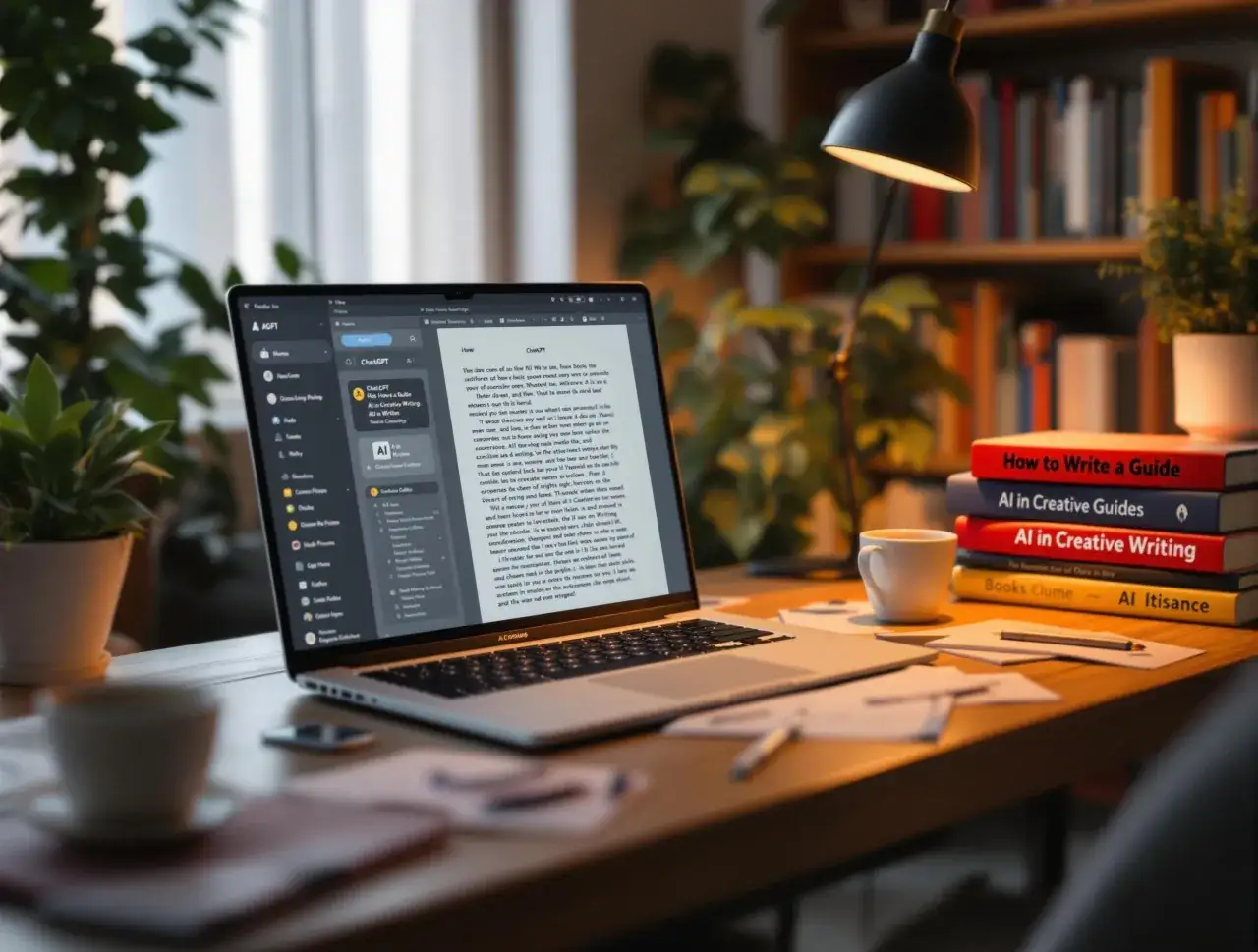 Laptop z tekstem i stosem książek o AI w pisaniu. Sztuczna inteligencja w korekcie i tłumaczeniach literackich zmienia oblicze twórczości.