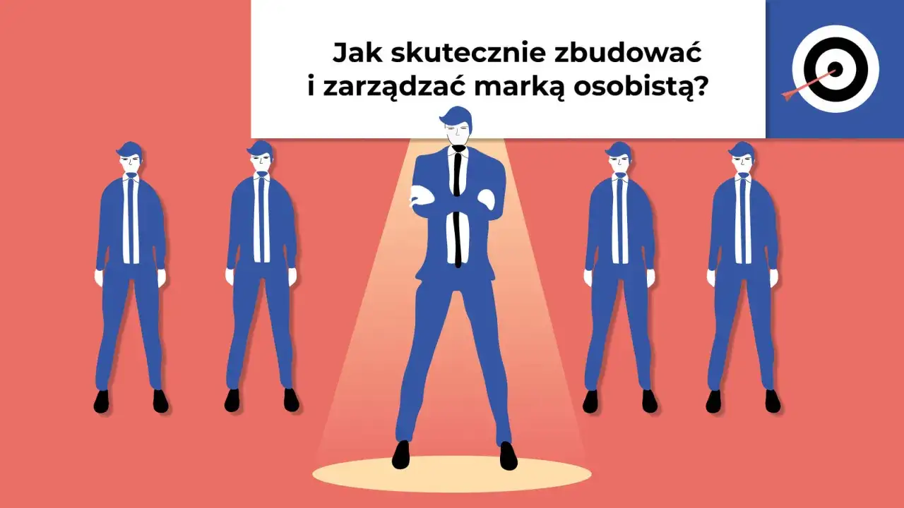 Ilustracja pokazuje, dlaczego wydawnictwa wymagają od autorów budowania marki osobistej w sieci. Pięciu mężczyzn w garniturach, jeden wyróżniony.