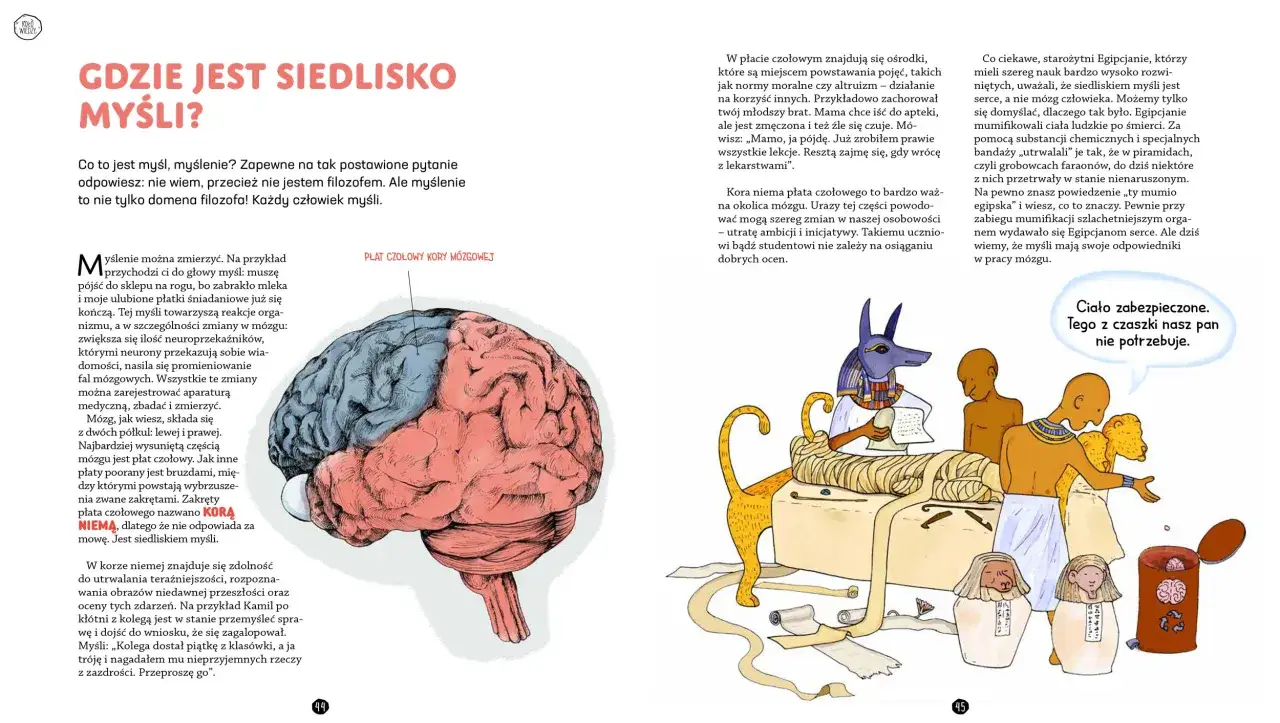 Ilustracja mózgu i scenka z Egiptu. Po genialnej lekturze czujesz objawy wypalenia czytelniczego, jakby mózg potrzebował odpoczynku.