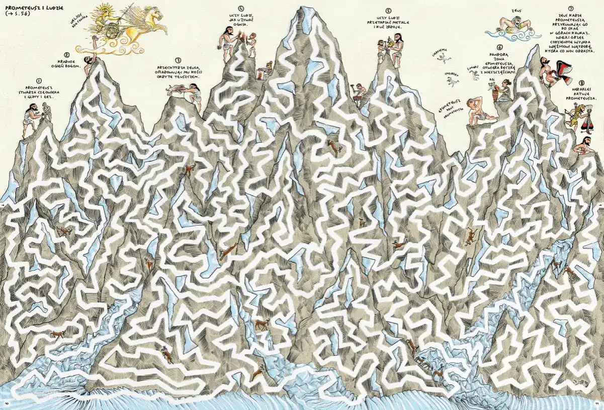 Ilustracja labiryntu górskiego z postaciami mitologicznymi, inspirowana jak stworzyć mitologię założycielską dla fikcyjnego narodu w książce.