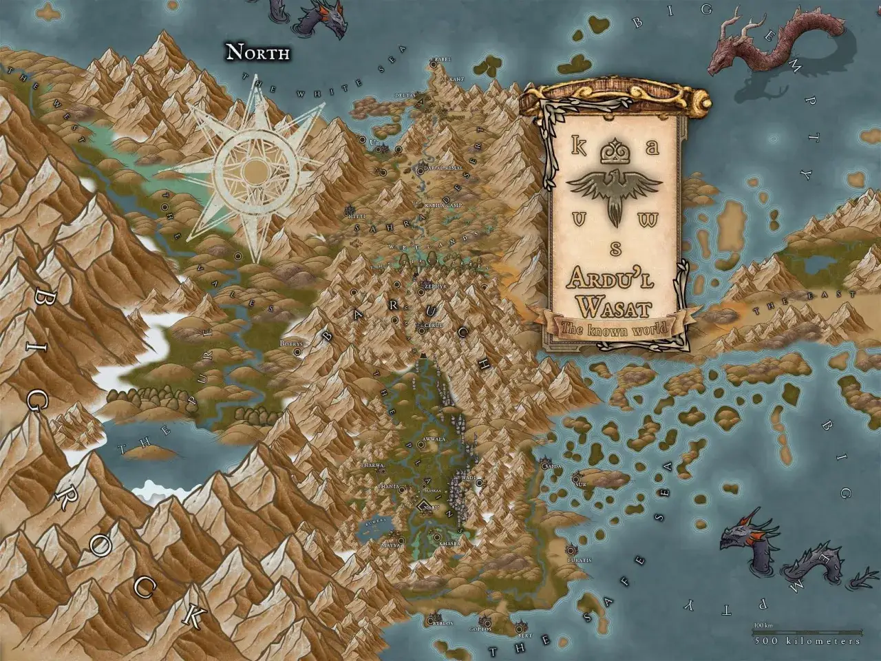 Mapa Ardu'l Wasat, klucz do stworzenia wiarygodnej geografii fikcyjnego kontynentu. Góry, rzeki, morza i smoki tworzą ten świat.