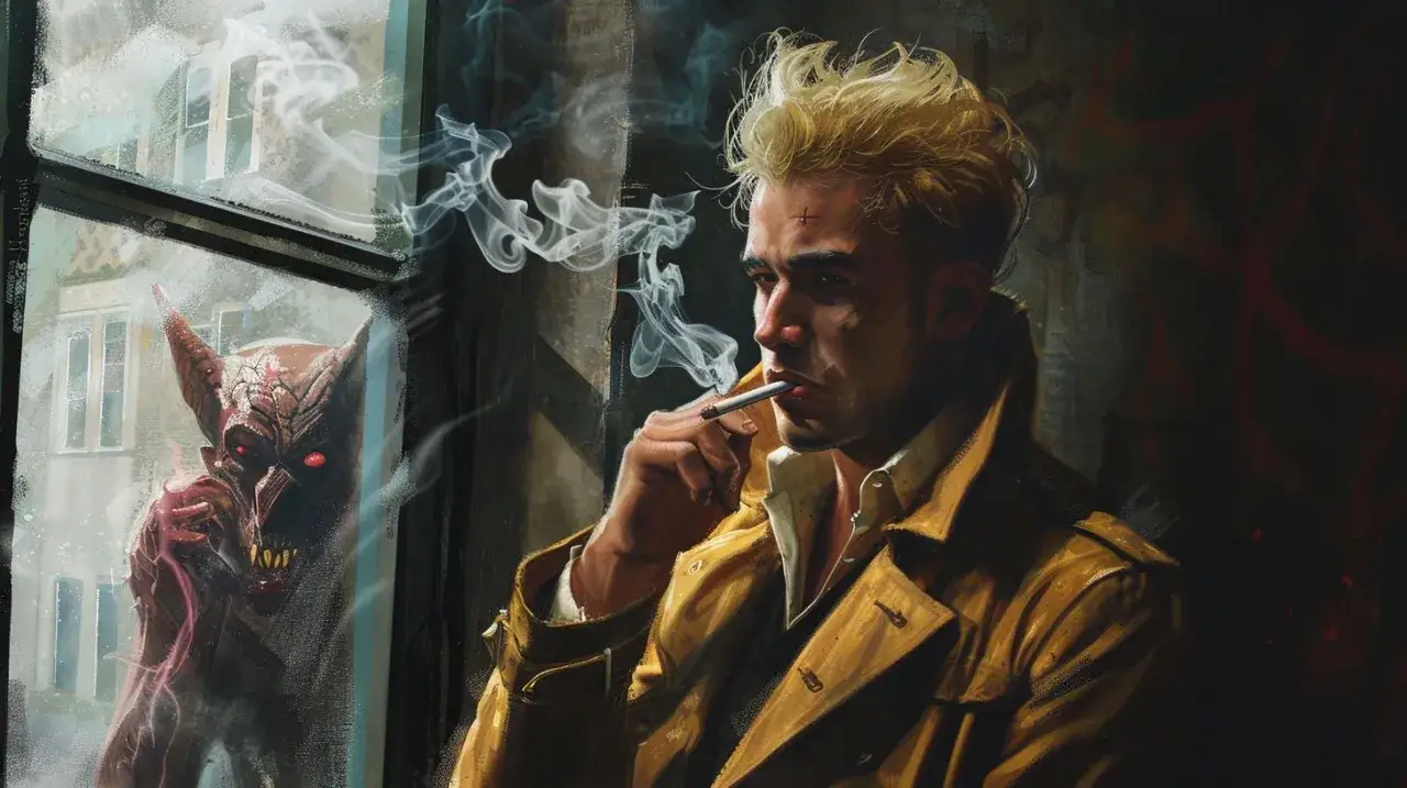 John Constantine, paląc papierosa, patrzy na demona za oknem. Obraz symbolizuje przyczyny dekonstrukcji mitu bohatera w literaturze postmodernistycznej.