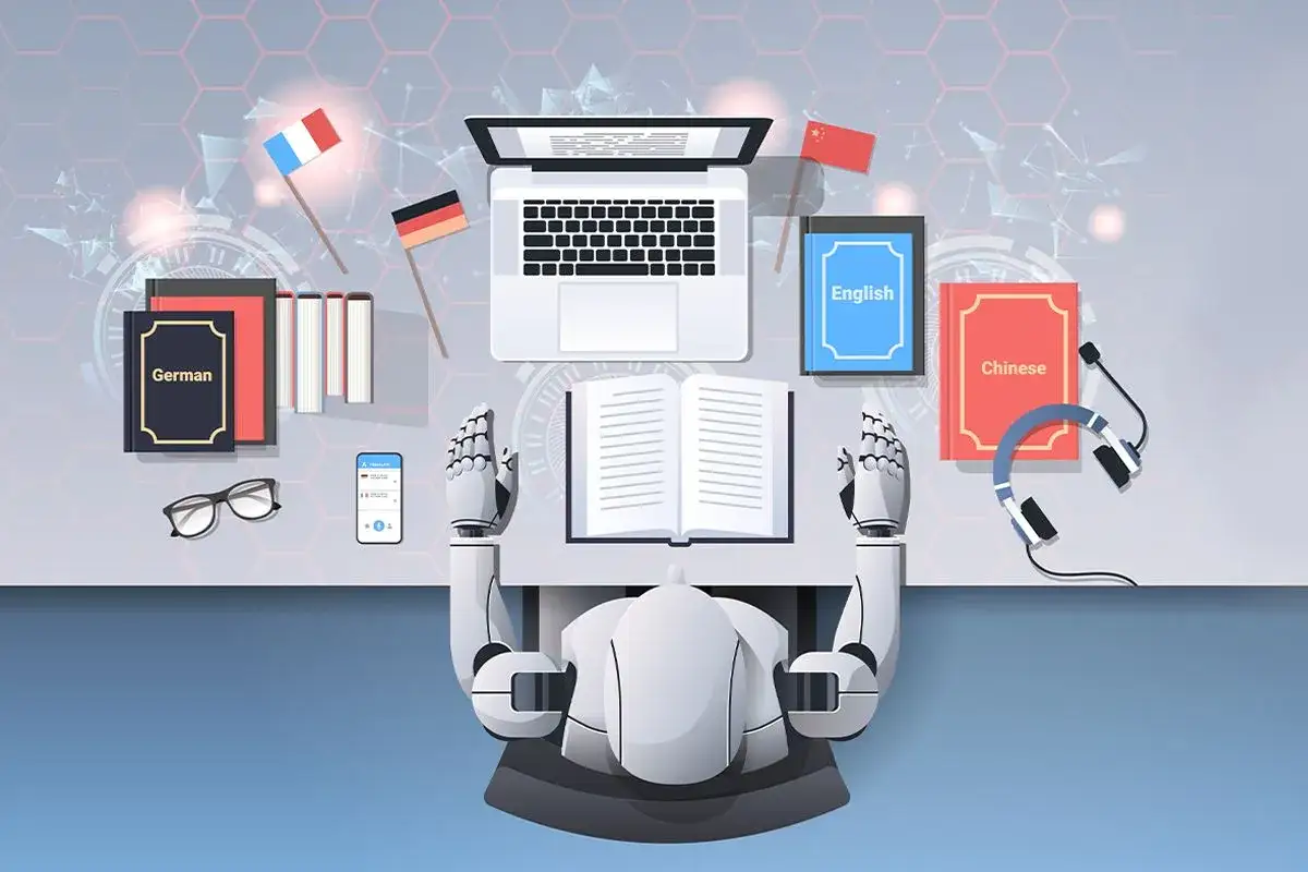 Robot z rękami nad otwartą książką, otoczony książkami w różnych językach, laptopem i flagami. Ilustruje skutki wprowadzenia sztucznej inteligencji do korekty i tłumaczeń literackich.