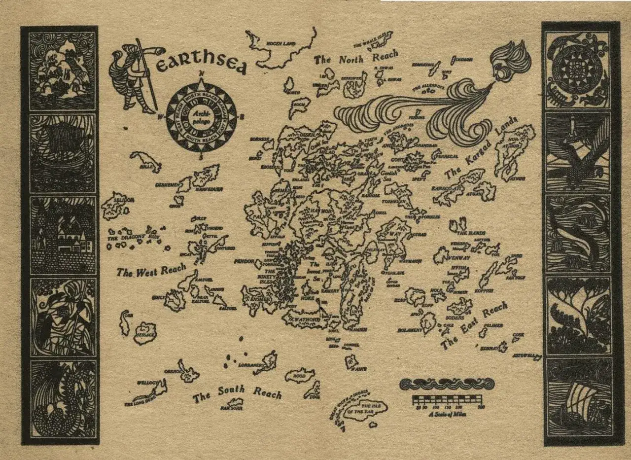 Mapa Archipelagu Ziemi-Morza, inspiracja do stworzenia mitologii założycielskiej dla fikcyjnego narodu w książce.