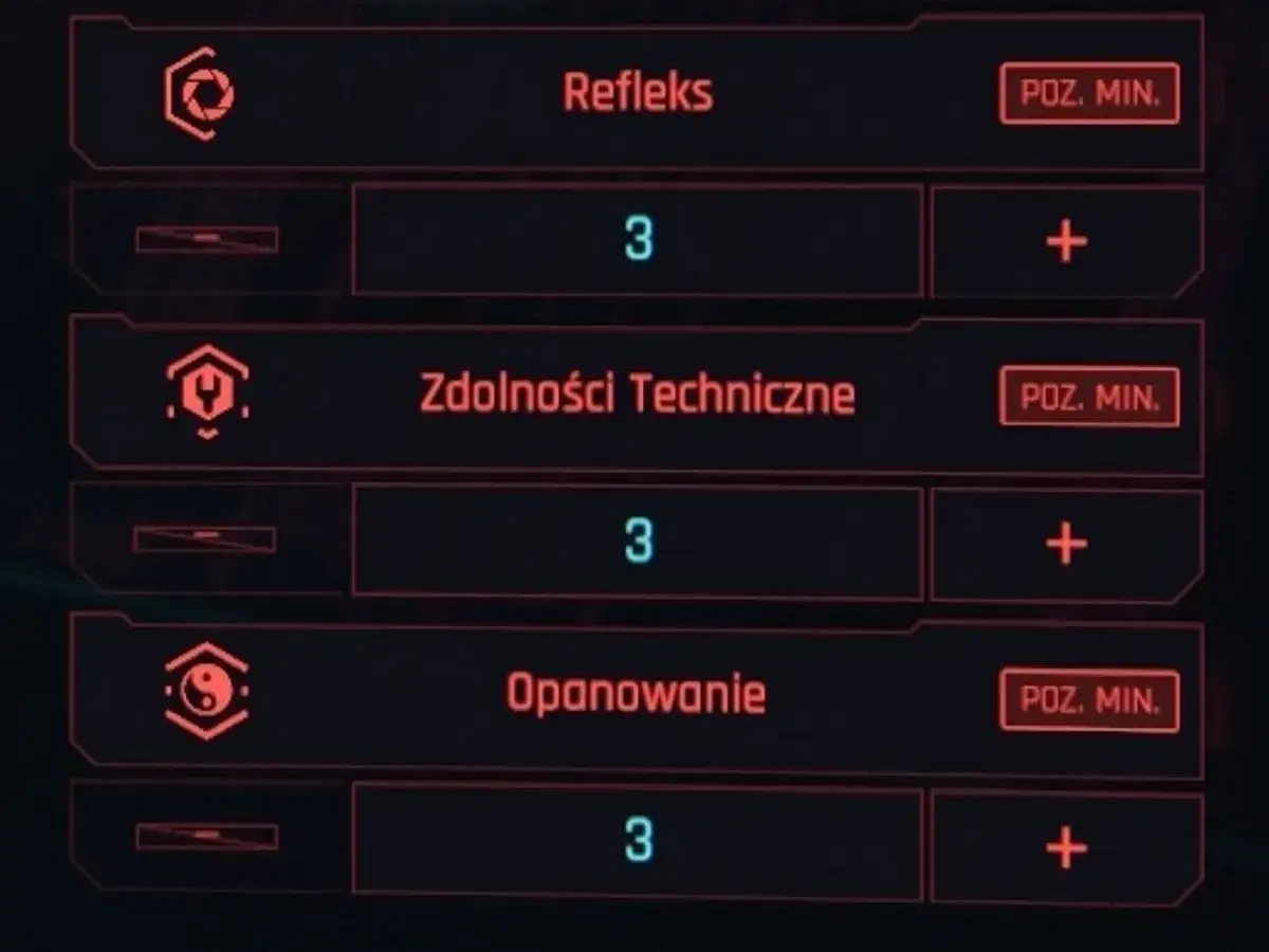 Interfejs gry pokazuje jak stworzyć arkusz do śledzenia atrybutów fizycznych postaci: Refleks, Zdolności Techniczne, Opanowanie.