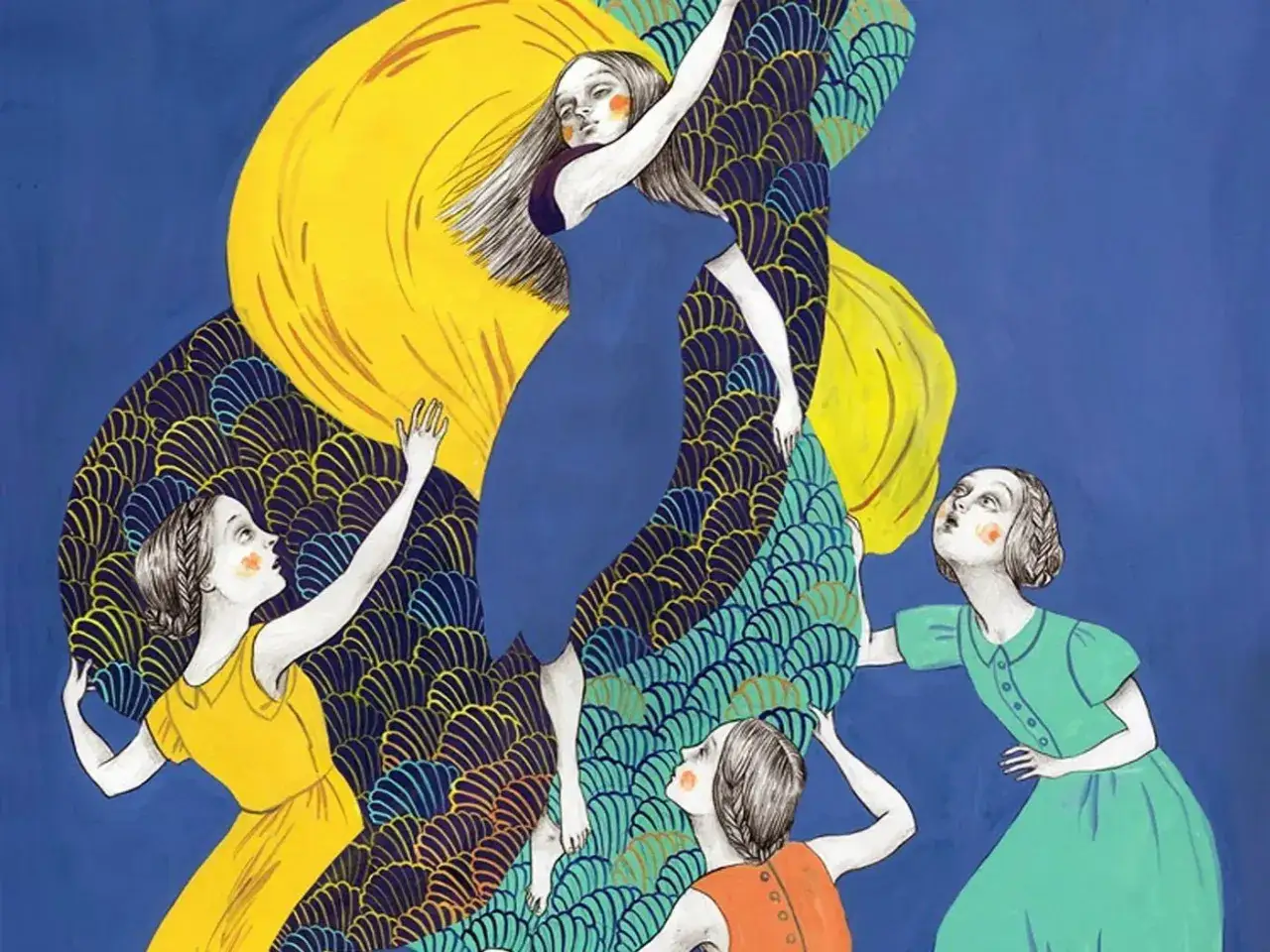 Ilustracja oddaje przyczyny fascynacji realizmem magicznym w literaturze iberoamerykańskiej: kobiety w barwnych strojach wznoszą się ku żółtemu słońcu.