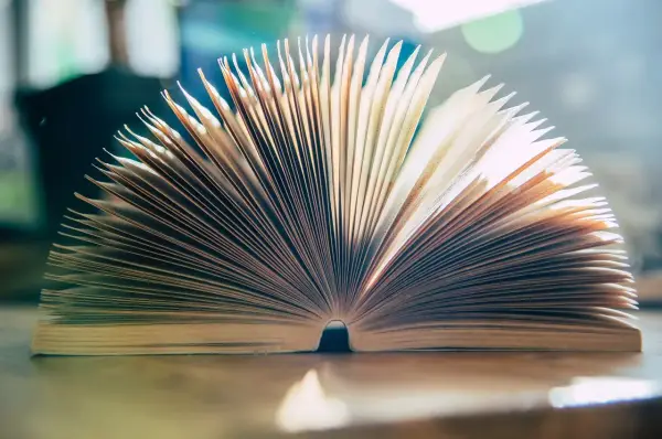Rozłożona książka, jak strony opowieści o objawach wyobcowania u bohaterów literatury emigracyjnej i wygnania.